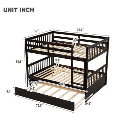 WIILAYOK Full Over Full Bunk Bed with Trundle, Convertible to 2 Full Size Platform Bed, Bunk Bed with Ladder and Safety Rails for Teens, Adults, Brown