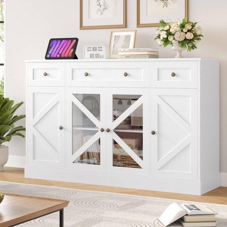 Keyluv Buffet Sideboard 55" Large Storage Cabinet 4 Doors and 3 Drawers, Farmhouse Wooden Coffee Bar Space-Saved Cupboard Furniture for Dining Room, Kitchen, Living Room, White Keyluv