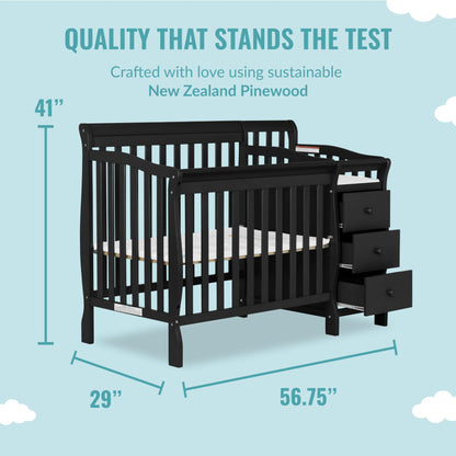 Dream On Me Jayden 4-in-1 Mini Convertible Crib And Changer in Black, Greenguard Gold Certified, Non-Toxic Finish, New Zealand Pinewood, 1" Mattress Pad