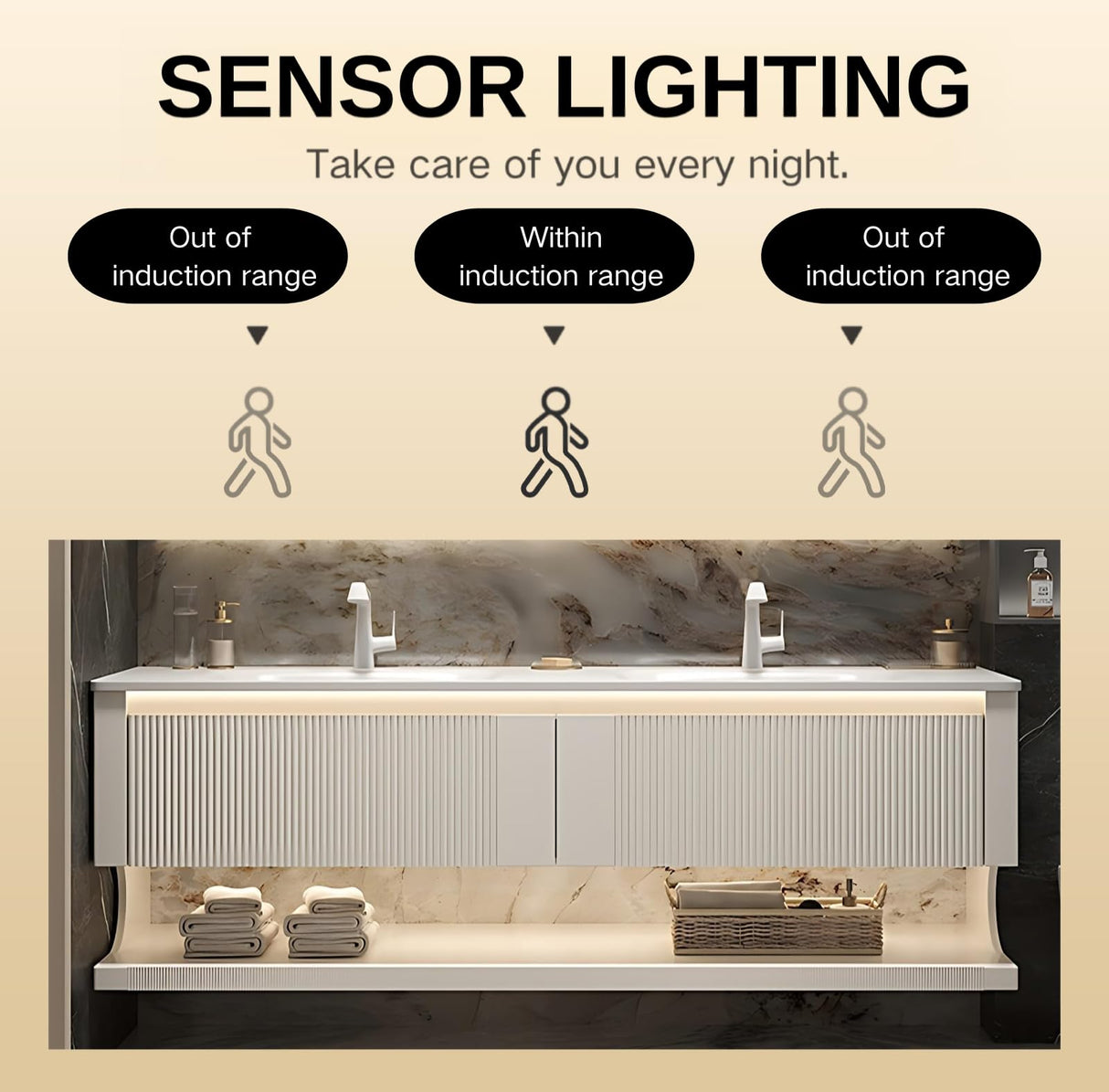 Dual Sink Bathroom Vanity, Modern Bathroom Vanity with Double Sink, 60" Solid Wood Bath Vanity Set Includes Smart LED Mirror Cabinet and Strip Sink Cabinet, Floating Sink Vanities for Home - White LUTHXAY