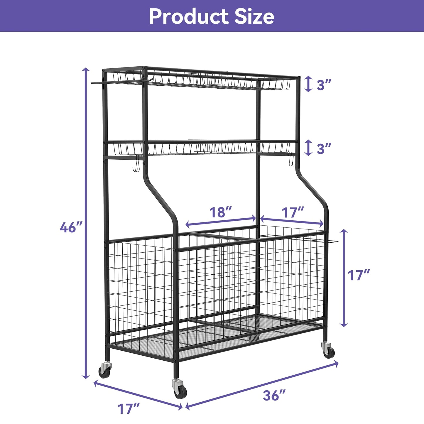 WALMANN Garage Ball and Sports Equipment Organizer, Ball Storage Rack Indoor/Outdoor Kids Ball/Toy Storage Organizer Bins, Rolling Ball Cart with Baskets - WoodArtSupply