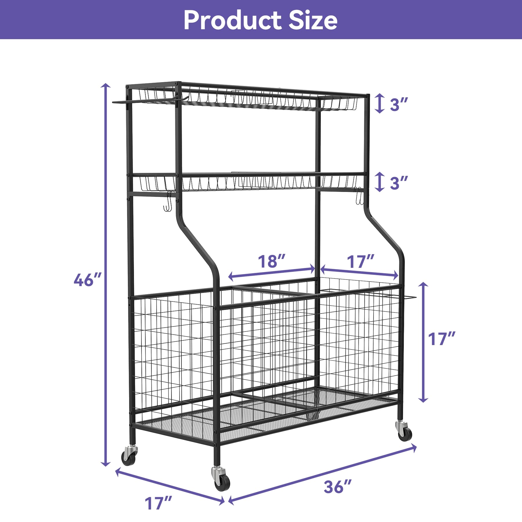 WALMANN Garage Ball and Sports Equipment Organizer, Ball Storage Rack Indoor/Outdoor Kids Ball/Toy Storage Organizer Bins, Rolling Ball Cart with Baskets - WoodArtSupply