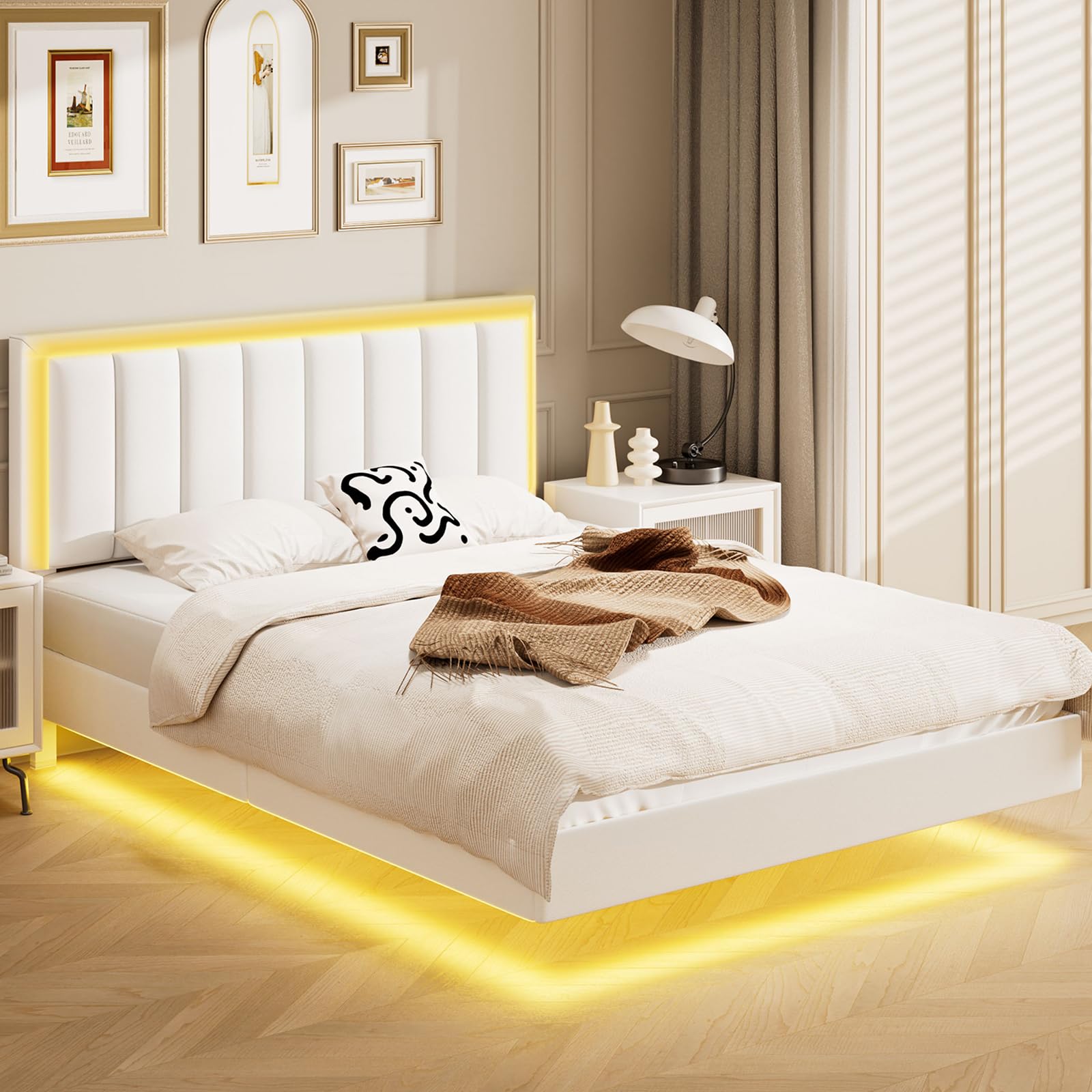 Floating Full Bed Frame with RGB LED Lights and Upholstered Headboard - IMMERSTABLE - WoodArtSupply