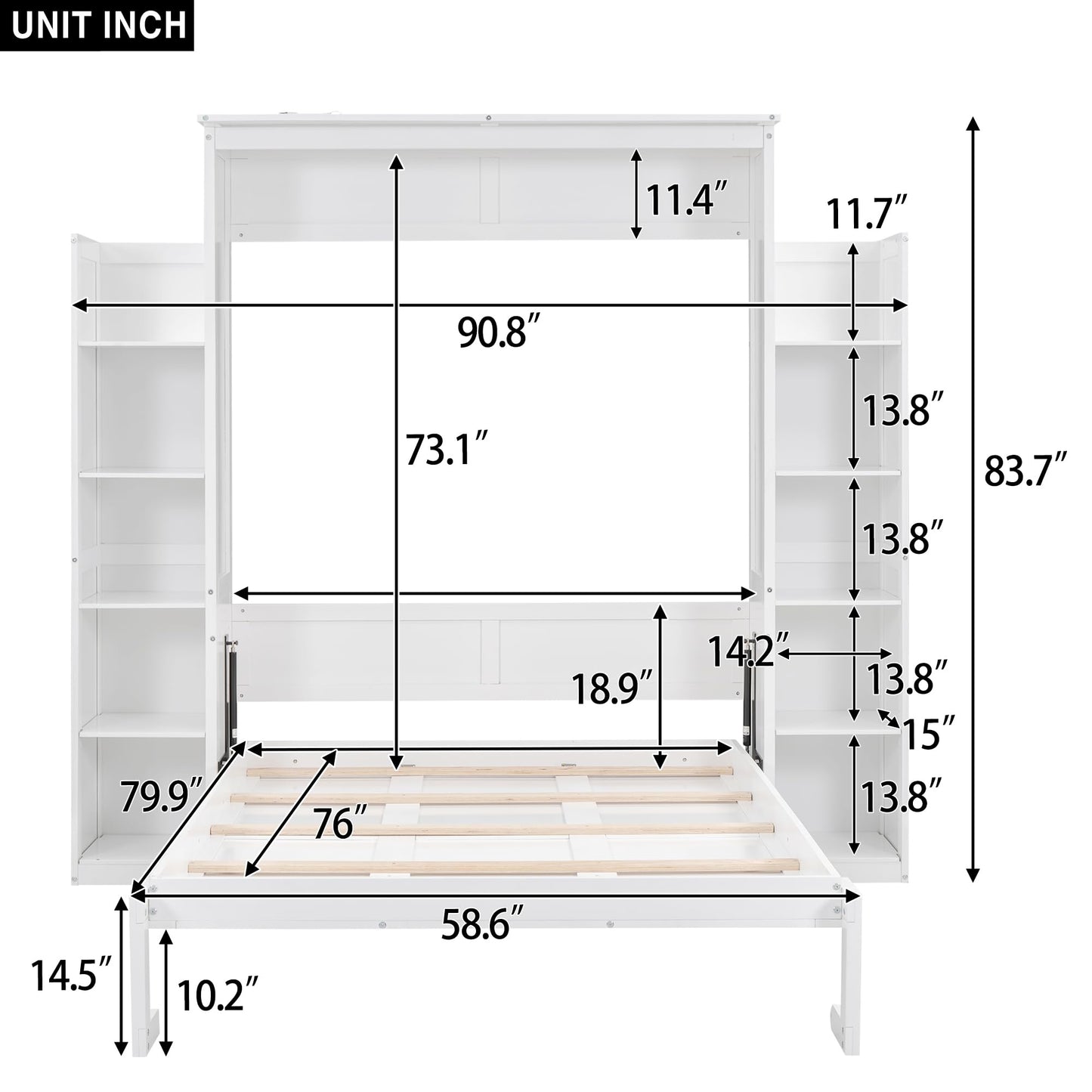 SOFTSEA Full-Size Murphy Bed Wardrobe with Shelves & LED Lights, Space-Saving Wood Frame in White - WoodArtSupply