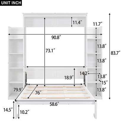 SOFTSEA Full-Size Murphy Bed Wardrobe with Shelves & LED Lights, Space-Saving Wood Frame in White - WoodArtSupply