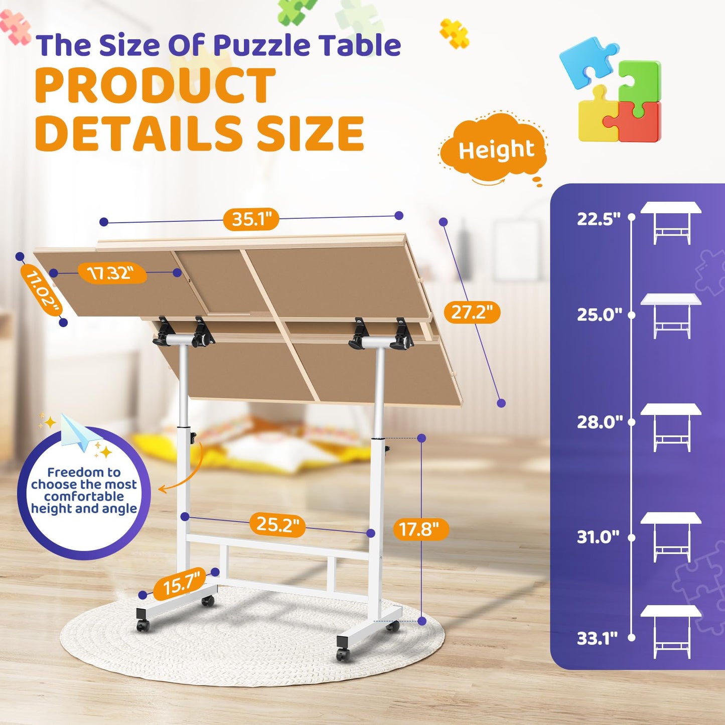 1500 Piece Puzzle Table with Drawers, Jigsaw Puzzle Tabe with 4 Wheels, 360° Adjustable Angle and Height, Tilting Puzzle Table for Adults with 4 Drawers and Lid, Birthday Gift for Mom and Elderly