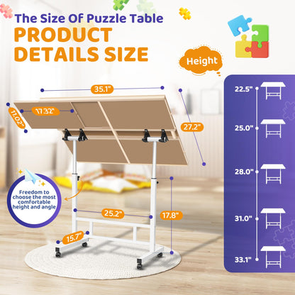 1500 Piece Puzzle Table with Drawers, Jigsaw Puzzle Tabe with 4 Wheels, 360° Adjustable Angle and Height, Tilting Puzzle Table for Adults with 4 Drawers and Lid, Birthday Gift for Mom and Elderly