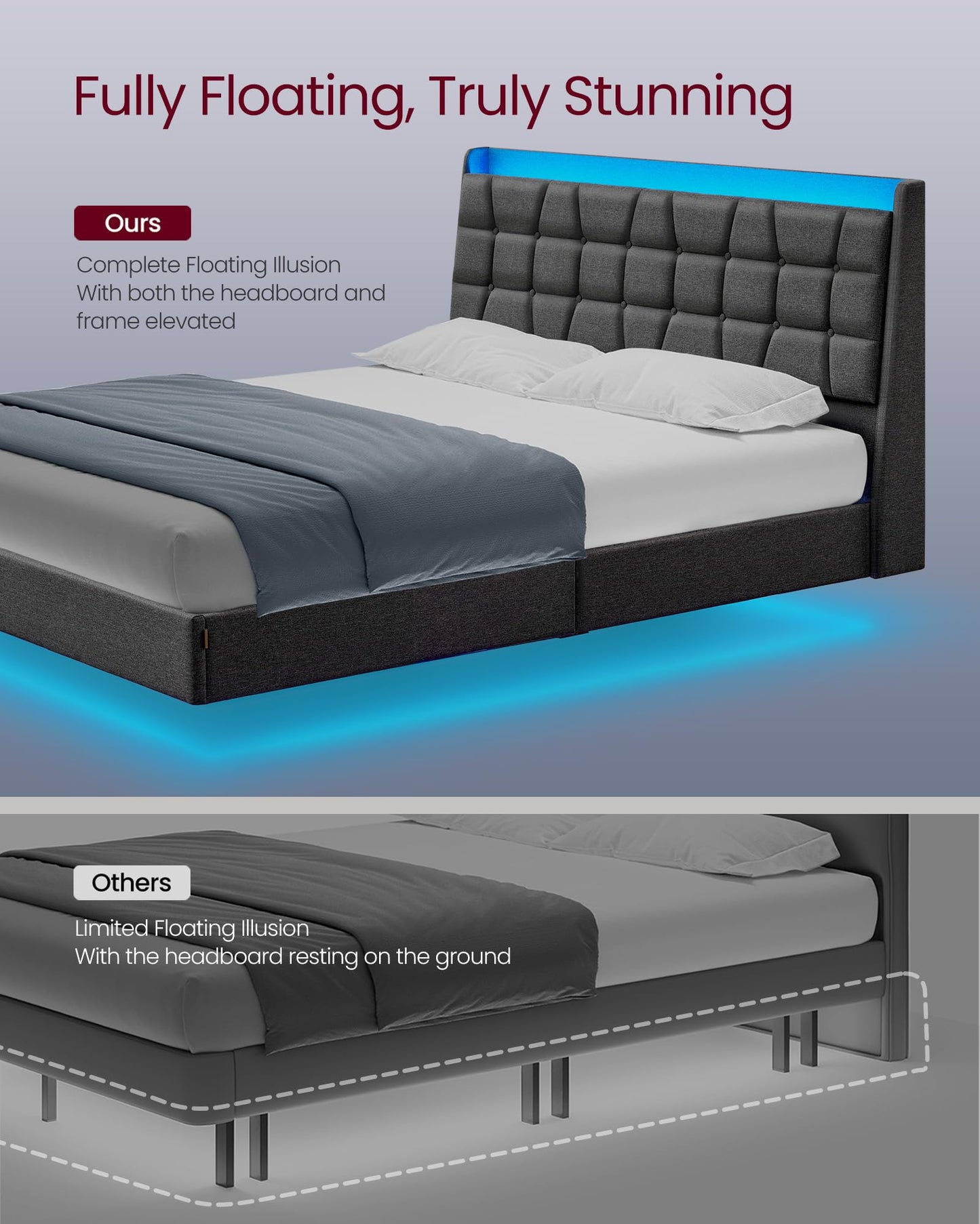 VASAGLE Dark Gray Floating Queen Bed Frame with LED Lights and Tufted Storage Headboard - WoodArtSupply