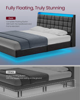 VASAGLE Dark Gray Floating Queen Bed Frame with LED Lights and Tufted Storage Headboard VASAGLE
