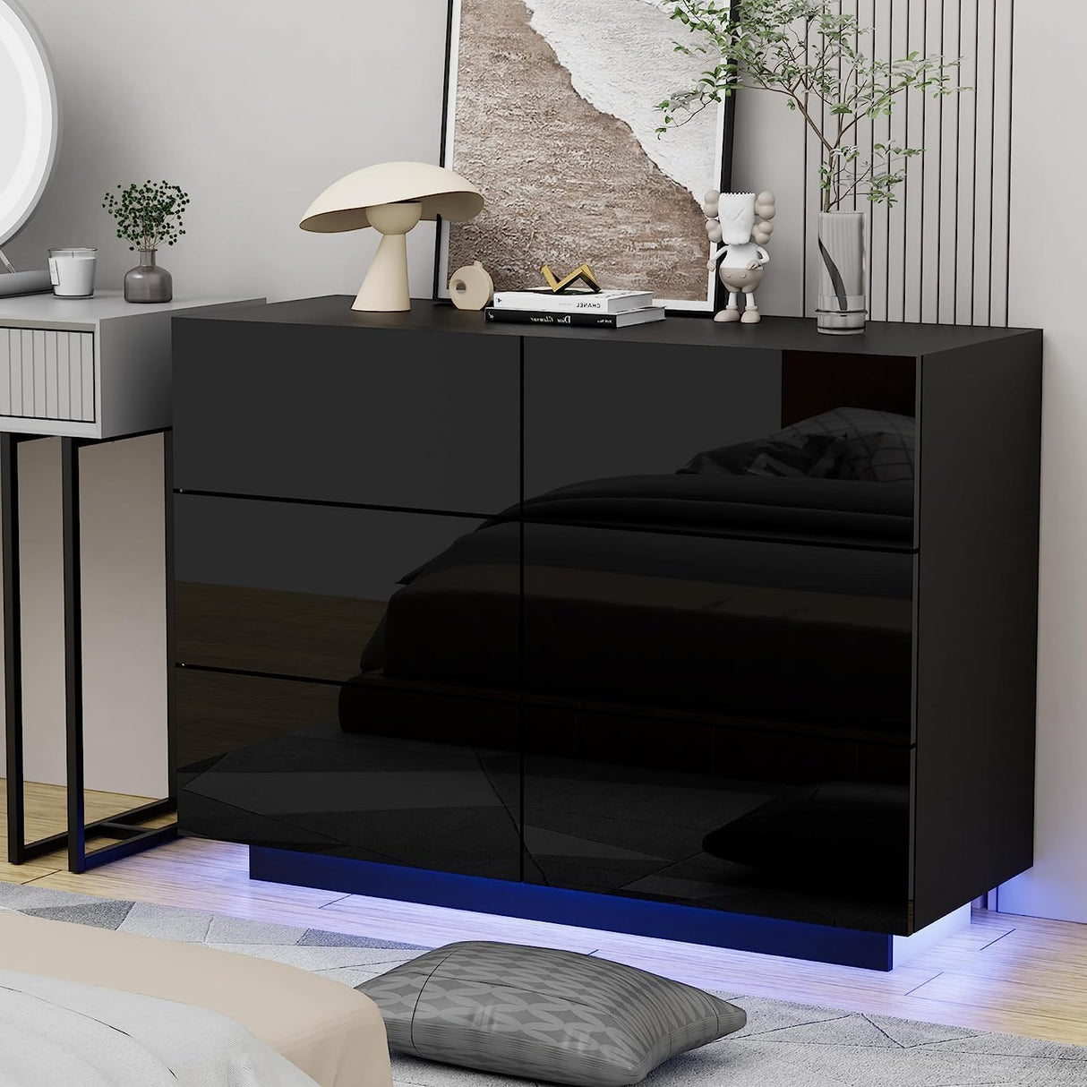 UEV LED 6 Drawer Dresser,White Dresser for Bedroom with Light,Chest of Drawers with High Glossy finsh for Bedroom,Living Room,Entryway(Black) UEV