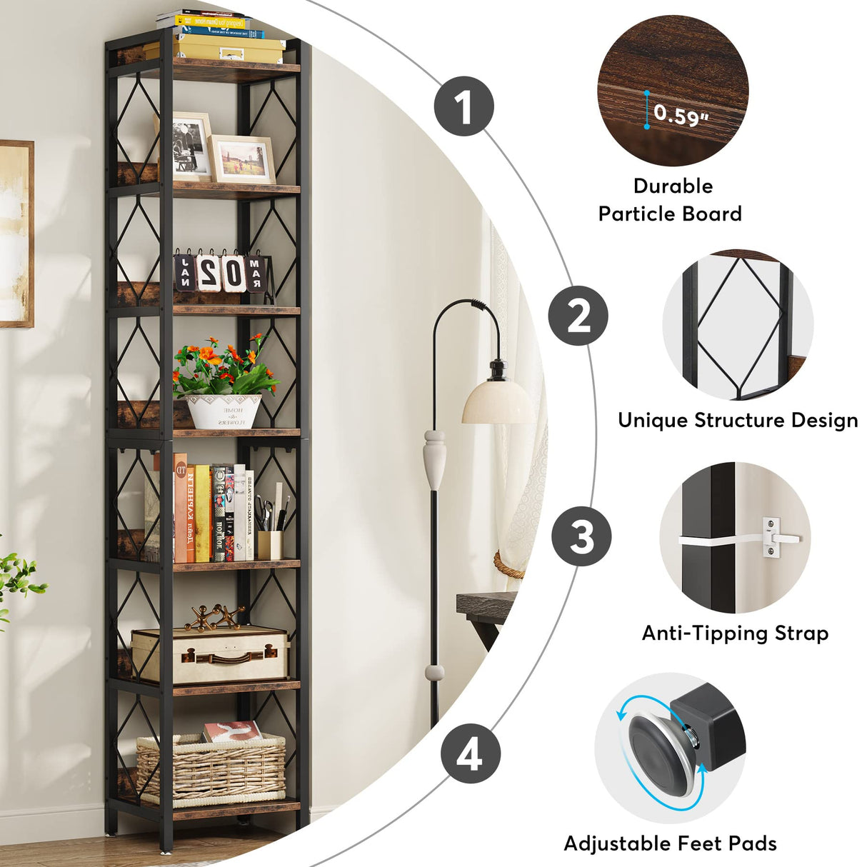 Tribesigns Tall 7-Tier Narrow Bookshelf for Small Spaces - Rustic Brown Freestanding Storage Organizer Tribesigns