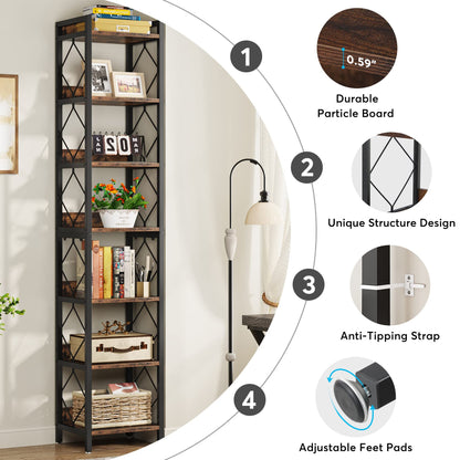 Tribesigns Tall 7-Tier Narrow Bookshelf for Small Spaces - Rustic Brown Freestanding Storage Organizer - WoodArtSupply