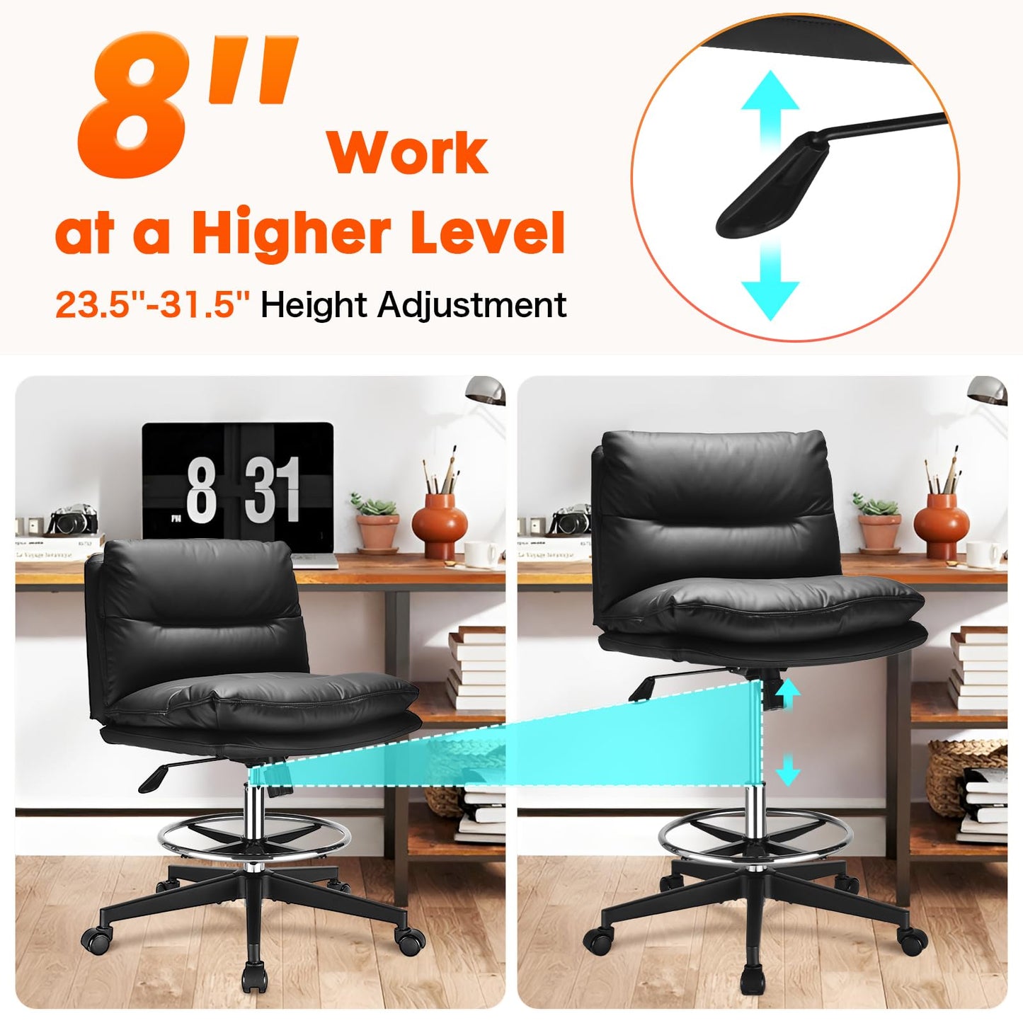 Drafting Chair Tall Office Chair Comfortable - Super Soft Seat Cushion and Larger Size, Standing Desk Chair Adjustable Height, Office Drafting Chairs with Adjustable Footrest Ring, 400LBs, Black