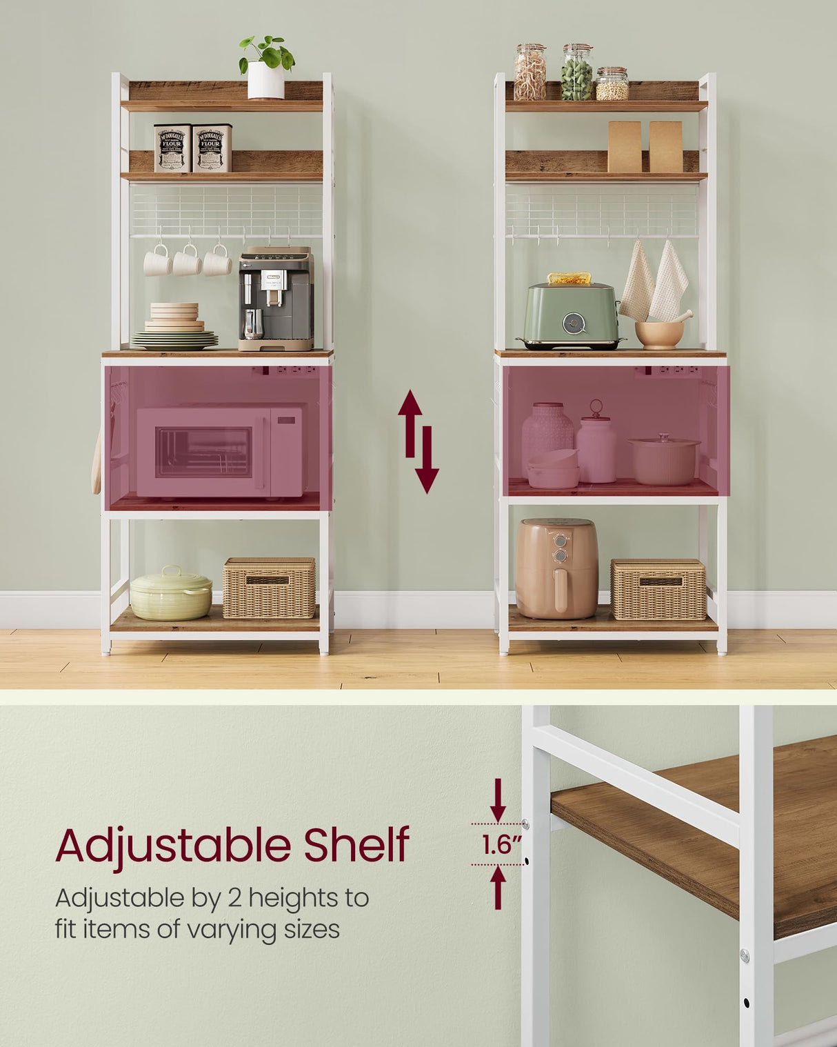 VASAGLE Hutch Bakers Rack with Power Outlet, 14 Hooks Microwave Stand, Adjustable Coffee Bar with Metal Wire Panel, Kitchen Storage Shelf, 15.7 x 23.6 x 66.9 Inches, Rustic Walnut and White UKKS037W41 VASAGLE