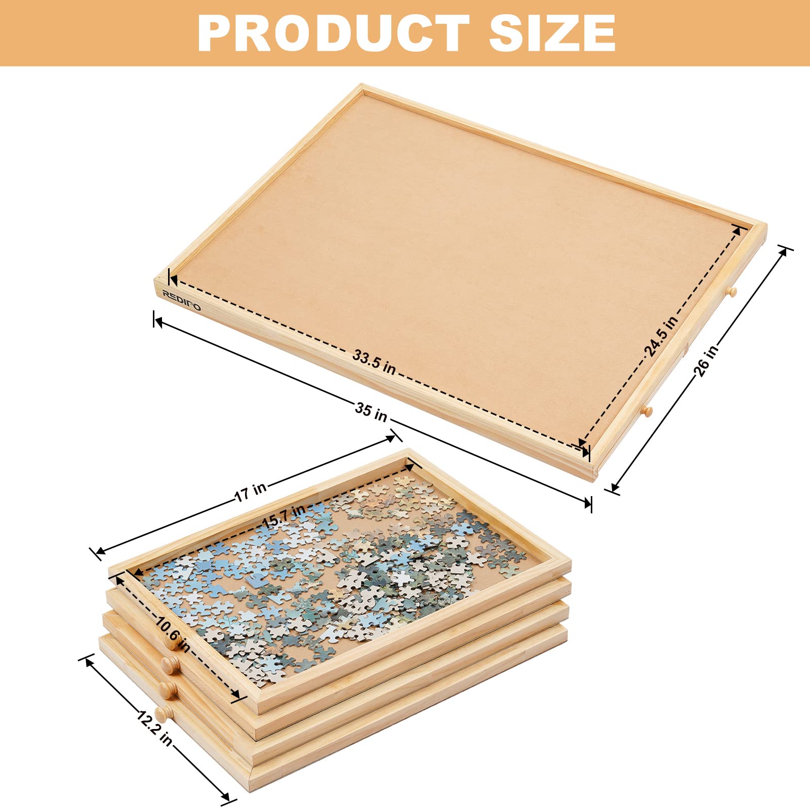 Redipo 1500 Pieces Wooden Jigsaw Puzzle Board with 4 Drawers for Storing Puzzles, 26” x 35” Large Portable Jigsaw Puzzle Table with Puzzle Cover, Non-Slip Plateau Work Surface for Adults and  - WoodArtSupply