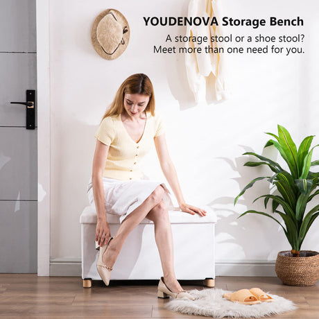 30 Inches Folding Storage Ottoman Bench, Velvet Storage Chest, Footrest Couch with Wooden Legs, Support 350lbs for Bedroom, Living Room, Hallway, White YOUDENOVA