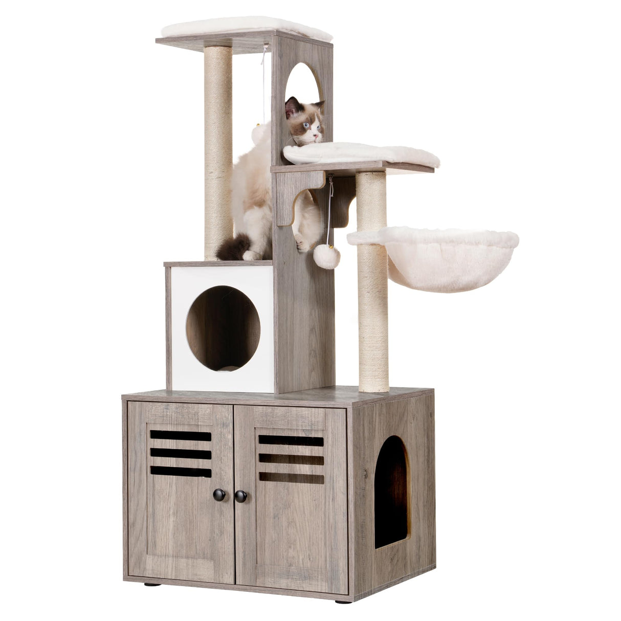 Heybly Cat tree, Wood Litter Box Enclosure with Food Station, All-in-one Indoor Cat Furniture with Large Platform and Condo, Modern Style Cat Tower, Hammock, Rustic Brown HCT103SG Heybly