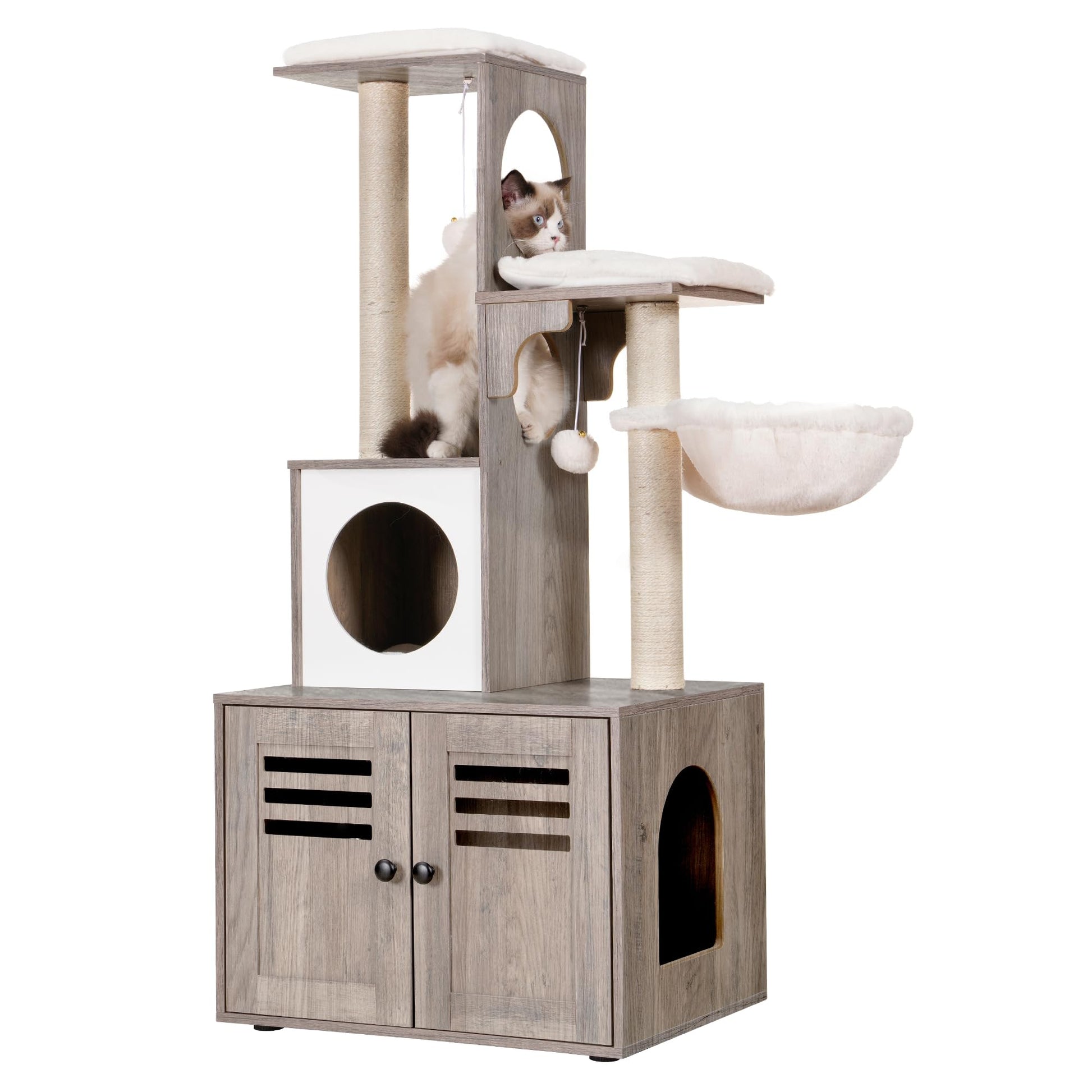 Heybly Cat tree, Wood Litter Box Enclosure with Food Station, All-in-one Indoor Cat Furniture with Large Platform and Condo, Modern Style Cat Tower, Hammock, Rustic Brown HCT103SG - WoodArtSupply