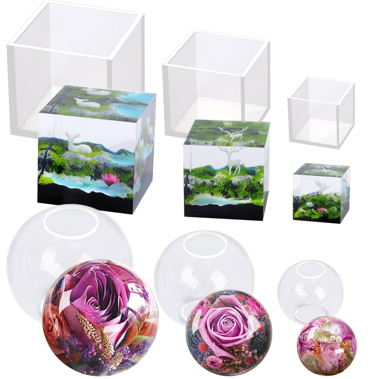 Voaesdk 6 Pcs Clear Resin Molds Silicone Set, Transparent Seamless Sphere and Deep Cube Silicone Molds, Large Ball Square Epoxy Resin Molds for Flowers Preservation Home Decor Voaesdk