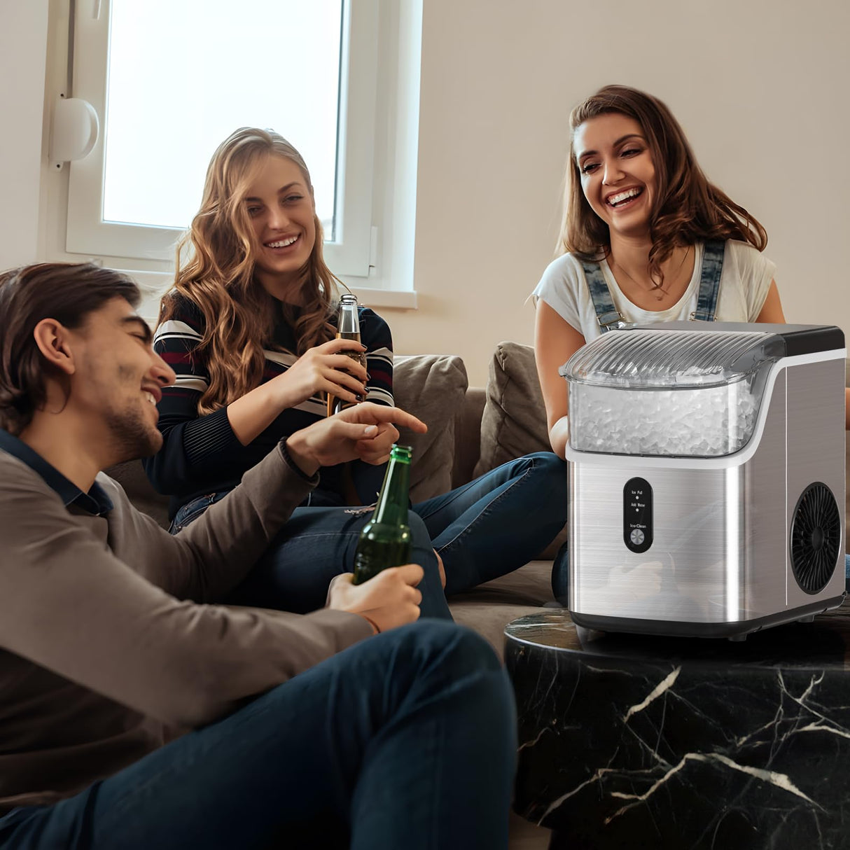 Nugget Ice Makers Countertop, Pebble Ice Machine with Chewable Pellet Ice, 34Lbs/24H, Self-Cleaning, Sonic Ice, One-Click Operation, for Kitchen,Office Stainless Steel Silver Antarctic Star