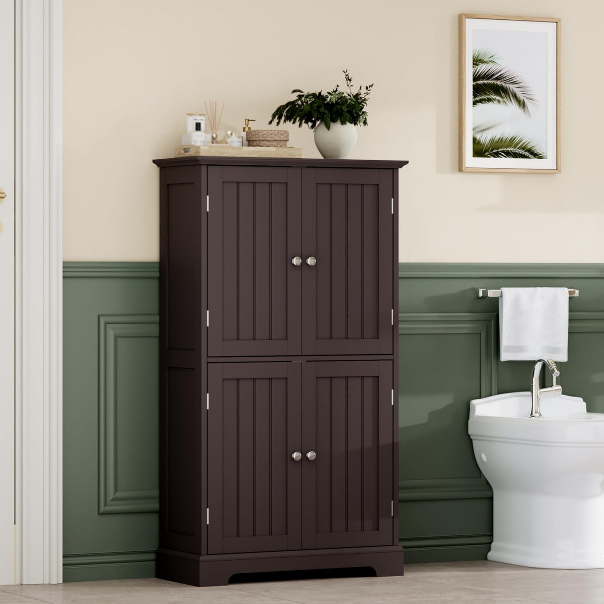 ChooChoo Bathroom Floor Cabinet, Modern Bathroom Storage Cabinet with 4 Doors and Adjustable Shelves, Freestanding Cupboard for Living Room, Espresso ChooChoo