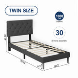 Twin Size Platform Bed Frame with Upholstered Headboard, Button Tufted Design, No Box Spring Needed, Dark Grey Sismplly