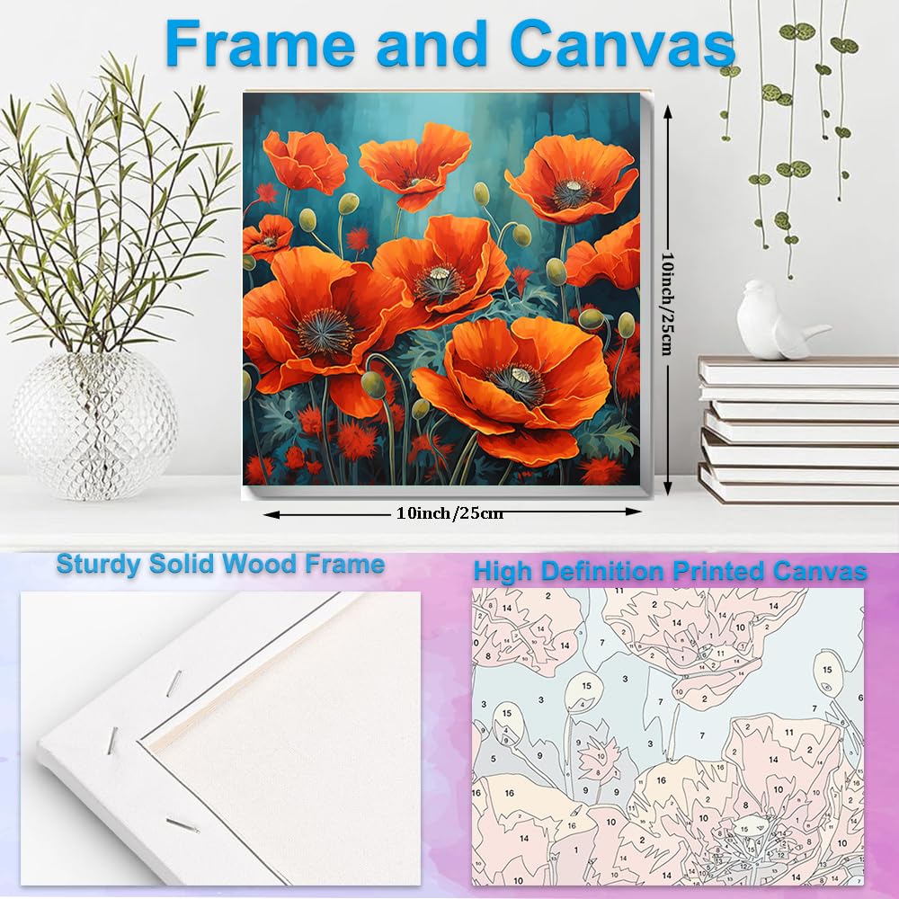 Artunion Framed Paint by Numbers Kit for Adults Beginners & Kids Ages 8-12,Red Poppy Paint by Number with Frame,Flower Adult Paint by Numbers Kit on Canvas 10 * 10 Inch Without Easel Artunion