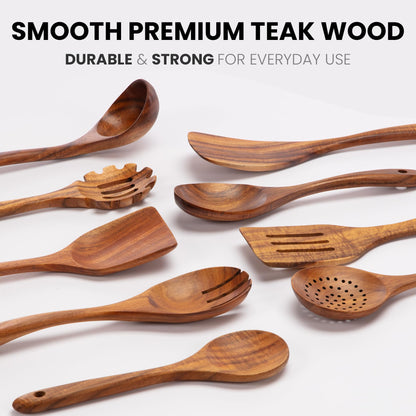 Zulay Kitchen 9-Piece Teak Wooden Utensils for Cooking - Smooth Finish Natural Teak Utensil Set - Non-Stick Wooden Spoons for Cooking - Kitchen Gift Set - Comfortable Grip Wooden Utensil Set