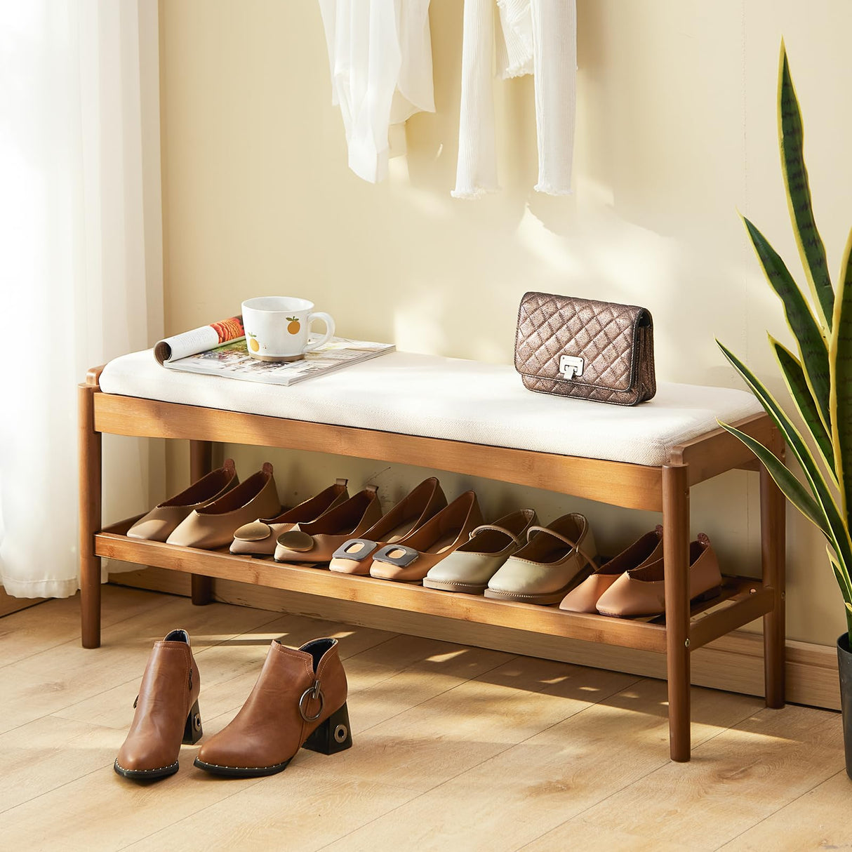 STDDRE Shoe Bench Entryway Bamboo 2-Tier Shoe Rack with Cushion Padded Seat Shoe Bench Organizer Stable for Entry, Hallway, Living Room, Bedroom, Closet (39.4 * 11.4 * 16.5IN, Brown-Beige) STDDRE