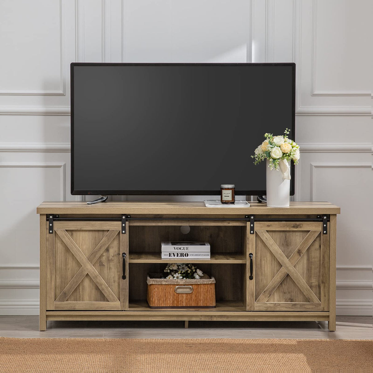 GAZHOME Farmhouse TV Stand with Sliding Barn Doors, Media Entertainment Center Console Table for TVs up to 65”,2-Tier Large Storage Cabinets,Rustic TV Stand for Living Room Bedroom,Light Grey GAZHOME