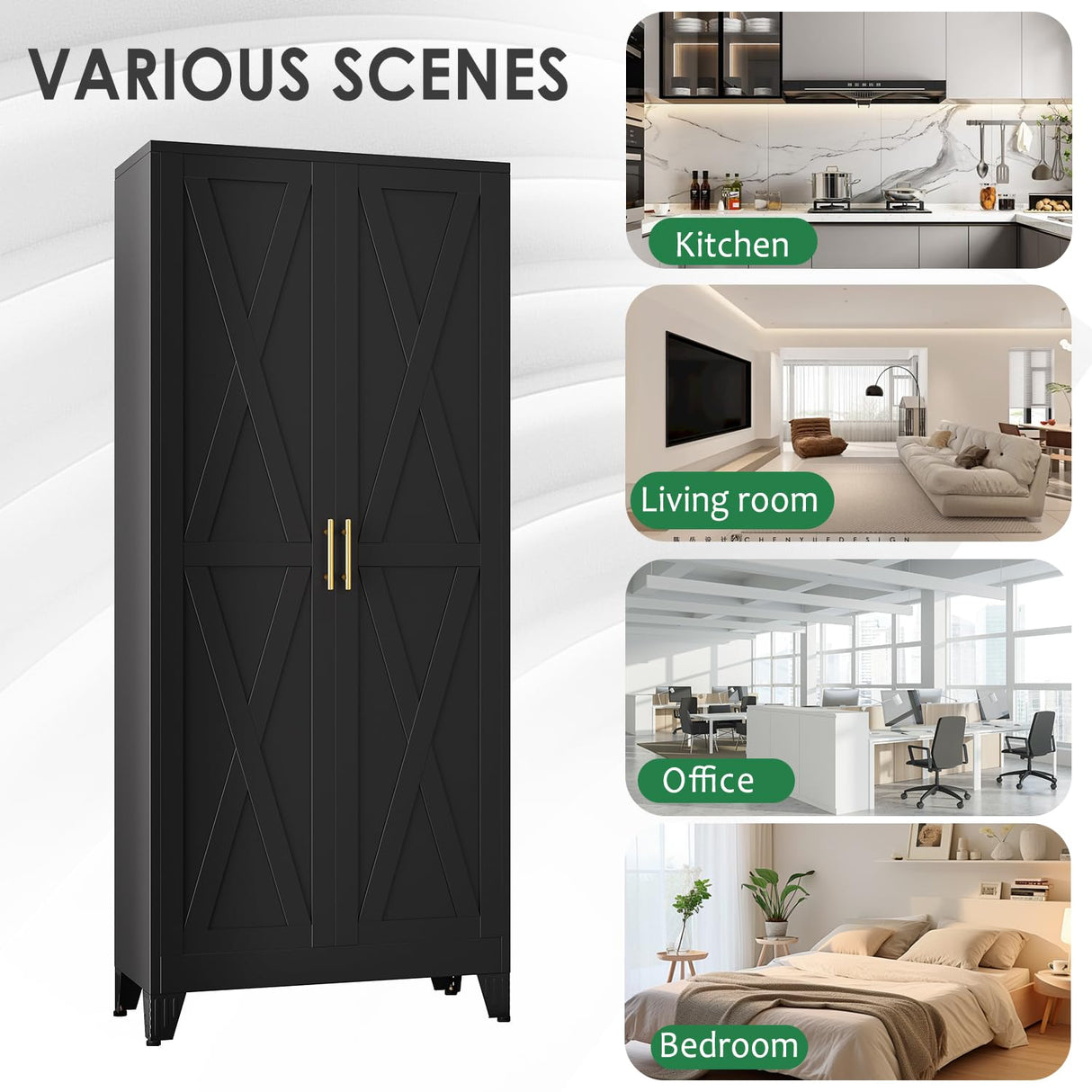 75" Tall Metal Kitchen Pantry Storage Cabinet with 2 Doors and 5 Adjustable Shelves, White Food Freestanding Cupboard for Kitchen, Dining Room, Bathroom and Garage (Black) pozdeg