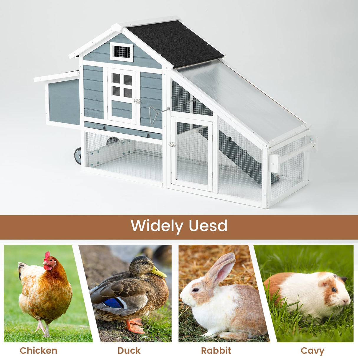 TAKUKA Outdoor Mobile Wooden Chicken Coop with Removable Run and Tray，Small Animals Rabbit Hutch with Nest Box, 2 Story Duck Quail Cage Hutch with Wheel Weatherproof for Backyard (71W*26W*39H) TAKUKA