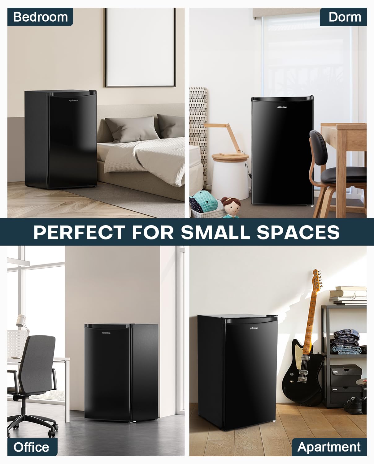 Upstreman 3.2 Cu.Ft Mini Fridge with Freezer, Single Door Mini Fridge, Dorm Fridge, Adjustable Thermostat, Mini Refrigerator for Bedroom, Office, Dorm, Black-BR321 Upstreman