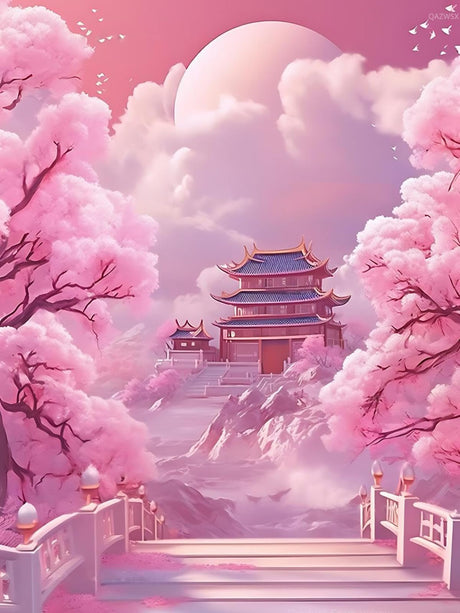 QAZWSX 5D Spring Cherry Blossom Diamond Art Painting Kits for Adults, Castles and Spring Cherry Blossoms Diamond Dots Paintings for Beginners Home Wall Decor Gifts 12x16 inch QAZWSX