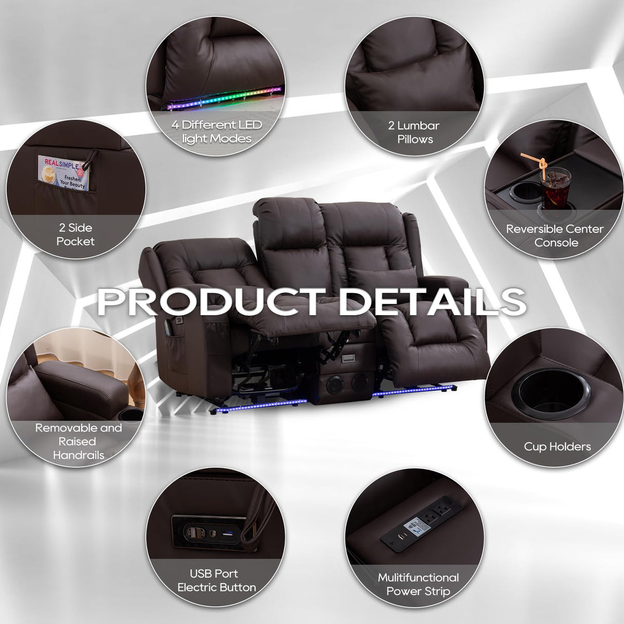 IPKIG Power Loveseat Recliner - 67" Reclining Loveseat 2-Seater Recliner Sofa with Console, 4 Colors LED Strip, AC Outlets, USB-A/C Ports and Cup Holders for Living Room Home Theater (Brown, 2-Seater) IPKIG