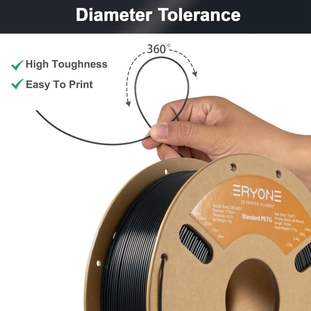 ERYONE PETG Filament for 3D Printer, 1.75mm +/-0.03mm, 1kg(2.2LBS)/Spool, Black ERYONE