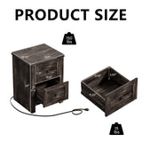LUXOAK Nightstand Set of 2 with Charging Station, Farmhouse End Table with 2 Drawers Storage Cabinet, Rustic Wood Sofa Side Table for Bedroom, Living Room, Office, Dark Rustic Oak LUXOAK