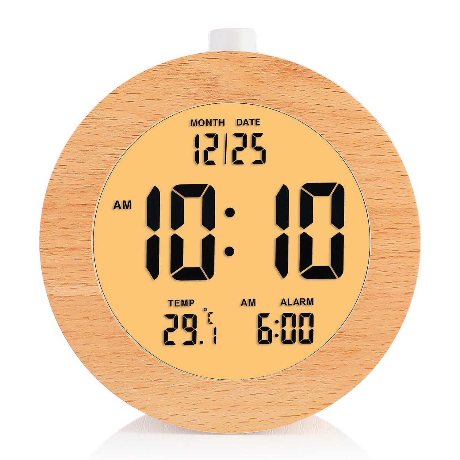 Plumeet Wooden Digital Alarm Clock for Bedrooms, Wood 4'' Battery Powered Alarm Clock with Snooze and Nightlight, Electronic LCD Desk Clock Display Time, Date, Temp, 12/24H, Wood Décor, Round, Brown Plumeet