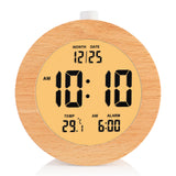 Plumeet Wooden Digital Alarm Clock for Bedrooms, Wood 4'' Battery Powered Alarm Clock with Snooze and Nightlight, Electronic LCD Desk Clock Display Time, Date, Temp, 12/24H, Wood Décor, Round, Brown Plumeet