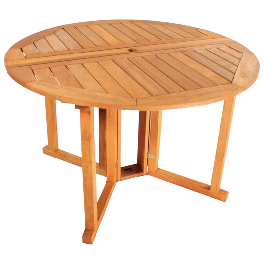 Sunnydaze Malaysian Hardwood Folding Gateleg Patio Dining Table with Teak Oil Finish – 4-Person Space-Saving Round Outdoor Table - 47.25” D x 29" H - WoodArtSupply