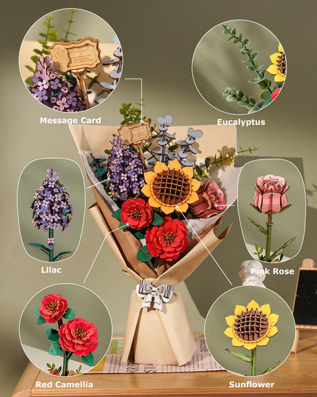 ROBOTIME 3D Puzzles Wooden Flower Bouquet DIY Model Building Kit to Build for Adults Artifical Bouquet Botanical Collection Craft Brain Teaser Puzzle Creative Gift Home Decor ROBOTIME