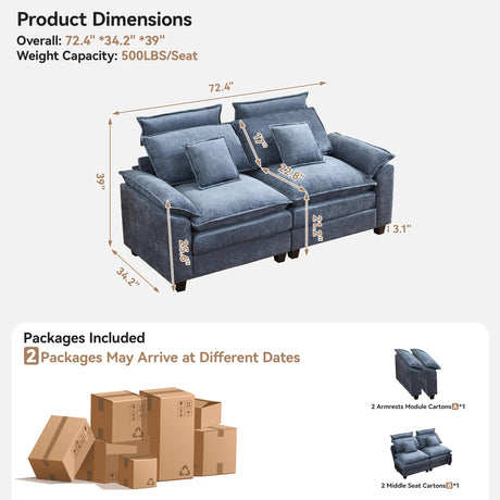 72'' Cloud Modern Loveseat Couch with Detachable Headrest, Modular Sectional Sofa Couch Deep Love Seat, Oversized 2 Seater Chenille Comfy Sofa with Armrests for Living Room, Blue Abbrevi