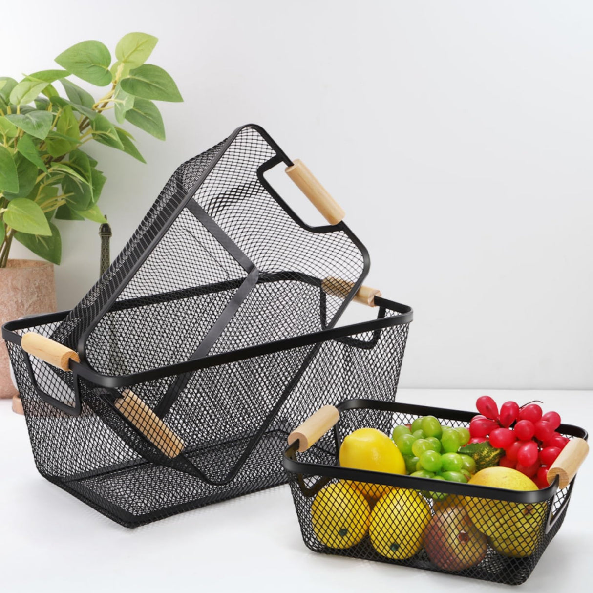Noamus 3 Pack Metal Mesh Basket with Wooden Handle, Farmhouse Wire Steel Storage Bins, Rectangle Fruit Vegetable Organizer Containers for Home Cabinet Pantry Kitchen Decor, Snack Gift (Black, 3 Size) Noamus