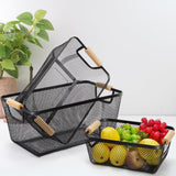 Noamus 3 Pack Metal Mesh Basket with Wooden Handle, Farmhouse Wire Steel Storage Bins, Rectangle Fruit Vegetable Organizer Containers for Home Cabinet Pantry Kitchen Decor, Snack Gift (Black, 3 Size) Noamus