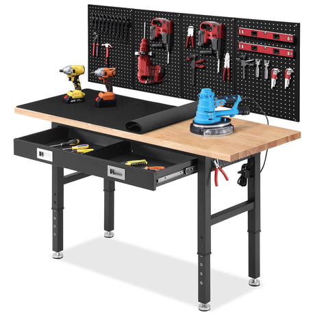 ENJOYWOOD Work Bench with Drawers Adjustable Workbenches for Garage 60 Inch Rubber Wood Top Garage Workbench with Pegboard,Power Outlets for Woodworking, Home, Office, Workshop ENJOYWOOD