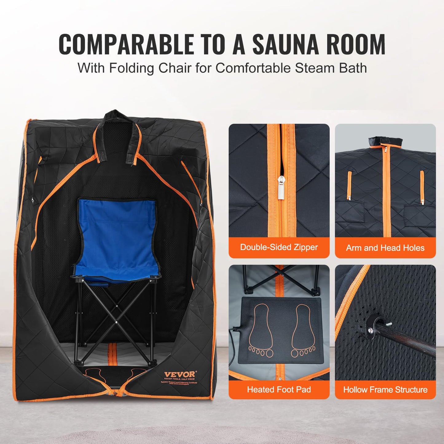 VEVOR Portable Sauna Tent Personal Sauna Kit for Home Spa, Detoxify & Soothing Infrared Heated Body Therapy, Time & Temperature Remote Control with Chair & Floor Mat 1050W