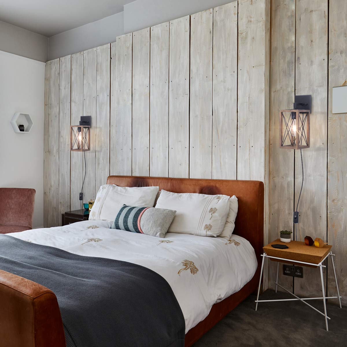 VILUXY Wood Wall Sconces Retro Industrial Rectangle Bedside Wall Sconce Plug-in Cord with Switch Lighting Fixture Black Wall Lamp for Bedroom, Hallway, Entryway, Passway, Dining Room 2 Pack VILUXY