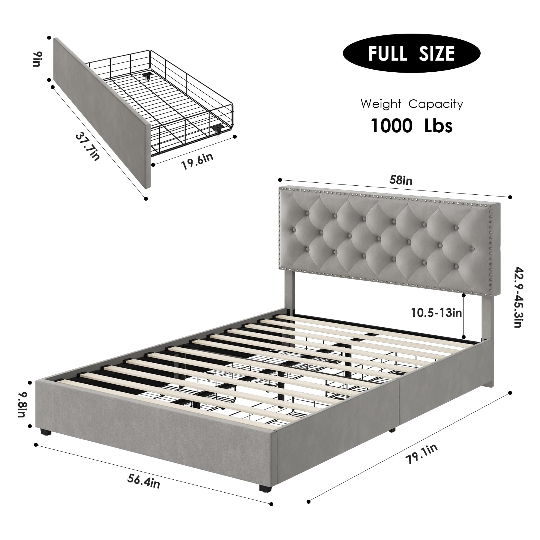 HOSTACK Modern Upholstered Full Size Bed Frame with 4 Storage Drawers and Adjustable Headboard in Grey - WoodArtSupply