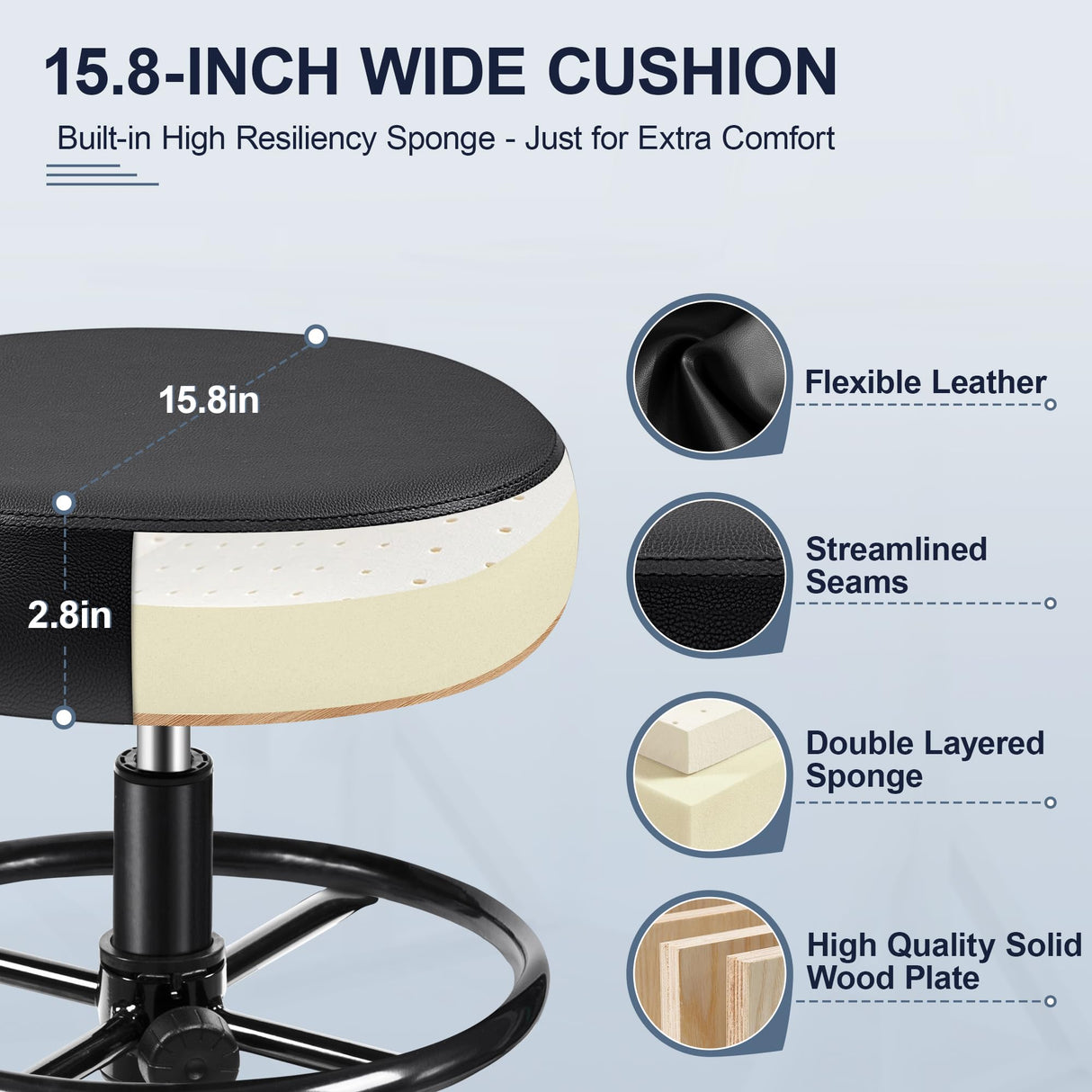 Brick Attic Drafting Chair with Backrest – Adjustable Foot Rest Rolling Stool with Wheels, PU Leather Swivel Stool for Office Spa Studio Lab Counter Salon Home Work Bar Kitchen Shop(Black) Brick Attic