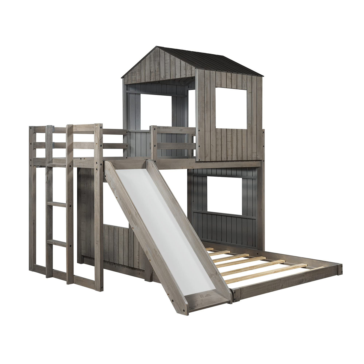 Harper & Bright Designs House Bunk Beds Twin Over Full Size, Wood Bunk Beds with Roof and Window (Distressed Grey, Twin Over Full (with Slide)) Harper & Bright Designs